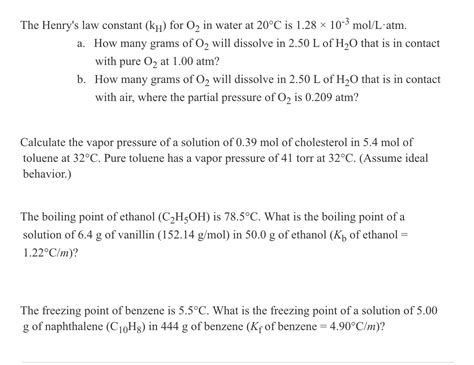 The Henry S Law Constant KH For O2 In Water At 20 Chegg