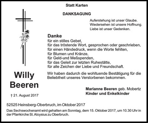 Traueranzeigen Von Willy Beeren Aachen Gedenkt