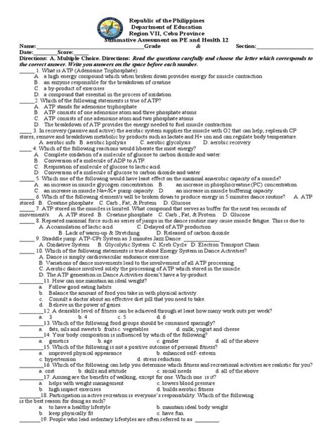 Q2 Summative Test 1 In Pe 12 Pdf Cellular Respiration Adenosine