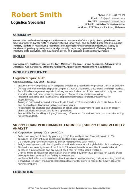 Logistics Specialist Resume Samples Qwikresume