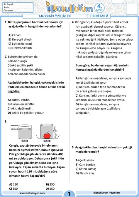 4 Sınıf Fen Bilimleri Maddenin Özellikleri Dosyaları