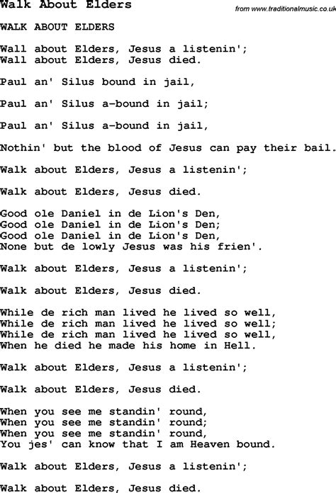 Negro Spiritual Slave Song Lyrics For Walk About Elders