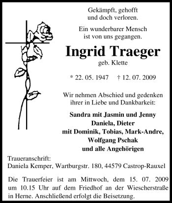 Traueranzeigen Von Ingrid Traeger Trauer In NRW De