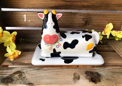 Cow Butter Dish Hand Painted Ceramic Country Decor Kitchen | Etsy