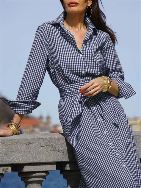 Plaid Print Midi Dress Elegant Button Front Long Sleeve Temu