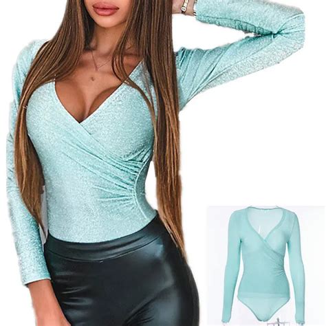 Buy Deep V Neck Bling Bodysuits Women Elastic Sexy