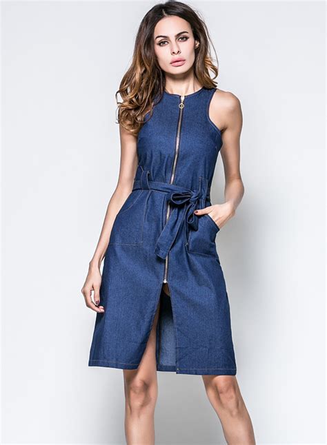 Sleeveless Round Neck Slit Denim Dress With Zipper