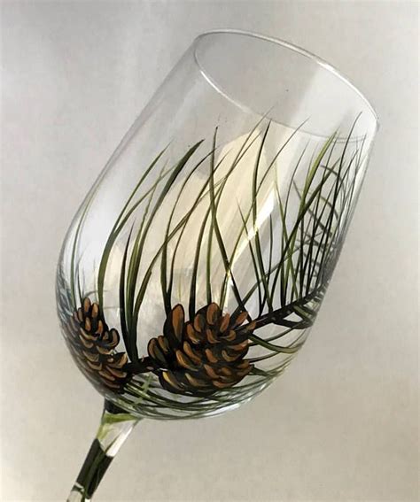 Pine Cone Wine Glass Hand Painted Evergreen Tree Branch Christmas