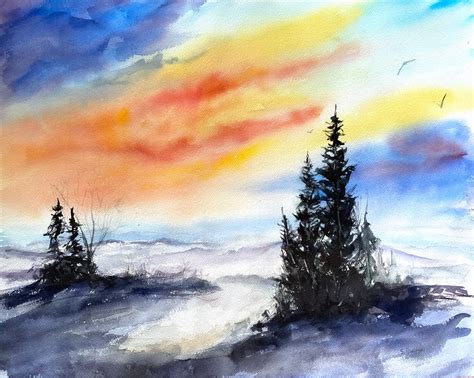 Winter Sunset Trees Fine Art Watercolor Print - Etsy