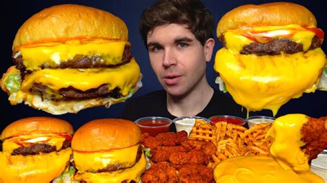 ASMR MUKBANG STUFFED CHEESE BURGERS HOT CHICKEN NUGGETS FRIES WITH