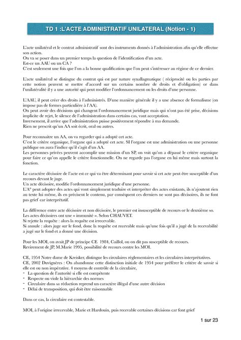 Fiches Td Droit Administratif Lacte Unilat Ral Et Le Contrat