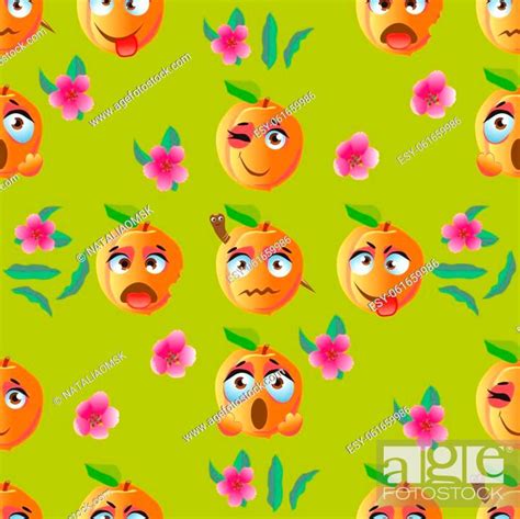 Seamless pattern with emoji peaches. Funny cute faces character, Stock ...