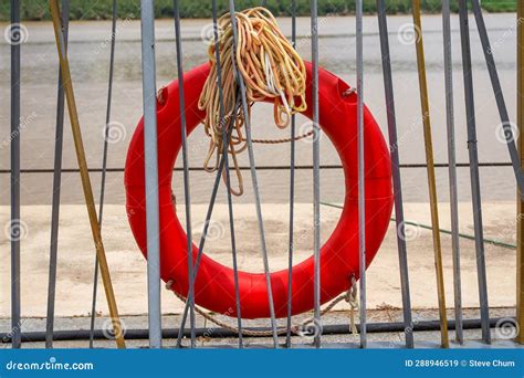 Close Up Of Red Lifebuoy On The River Bank Stock Image Image Of White