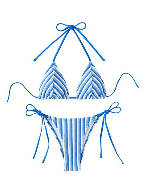 RoseSeek Women S Piece Bikini Sets Halter Tie Side Triangle Swimsuit Striped Bathing Suit Blue
