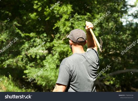 Man Throwing Ax Tree His Backyard Stock Photo Shutterstock