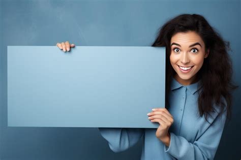 Premium Ai Image Radiant Brunette Beauty Captivating And Cheerful Behind The Blank Banner