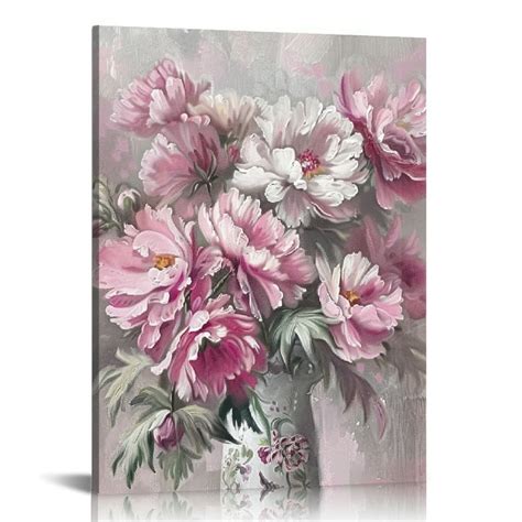 Comio Flower Wall Art Canvas Pink Peony Floral Painting Picture Vintage