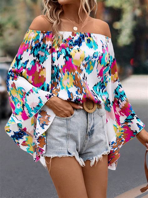 SHEIN VCAY Tie Dye Print Off Shoulder Flounce Sleeve Blouse SHEIN USA