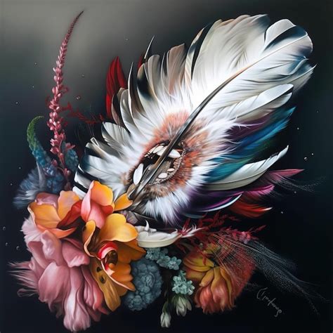 Premium Photo | A painting of a bird with feathers and a feather on it