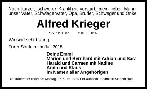 Traueranzeigen Von Alfred Krieger Trauer Nn De