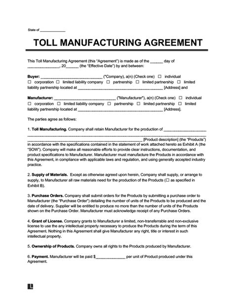 Free Toll Manufacturing Agreement Template PDF Word