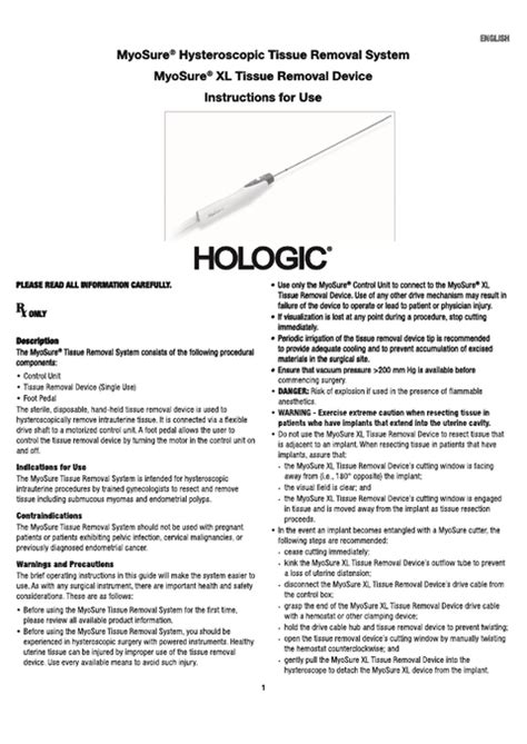 Myosure Hysteroscopic Tissue Removal System Instructions For Use Rev