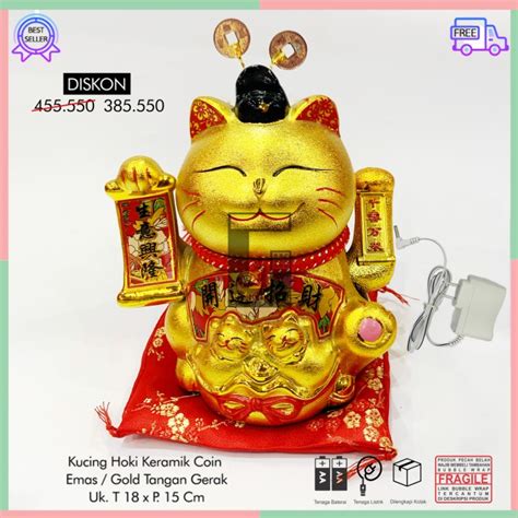 Jual Patung Kucing Hoki Rejeki Maneki Neko Lucky Cat Keramik Gold Emas