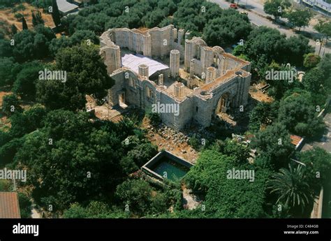 Aerial photograph of a ruined Church at the traditional location of ...