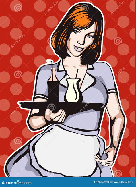 Vintage Waitress With A Tray Vector Art Waitress From A Diner Short