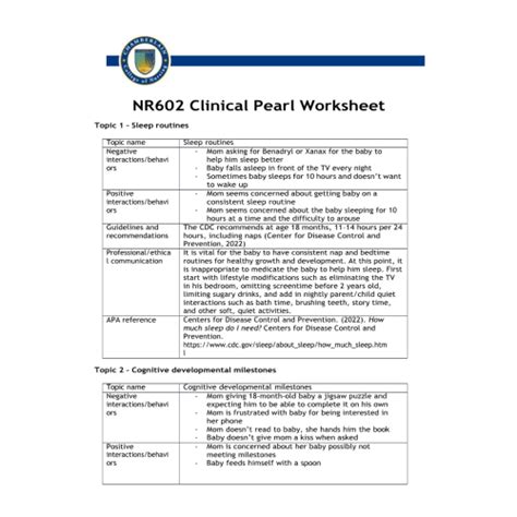 NR 602 Week 2 Clinical Pearl Worksheet Course Resources