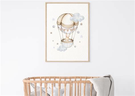 Watercolor Bunny Hot Air Balloon Nursery Wall Art Print Printable Gender Nuetral Nursery Wall