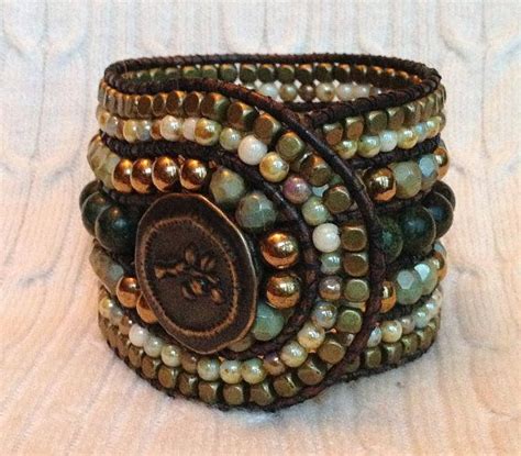 Earthtone 5 Row Leather Wrap Bracelet Cuff Deep Jade Stone Etsy