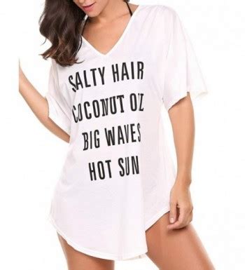Women Loose V Neck Short Sleeve Shirt Letters Print Baggy Swimwear Bikini Cover Ups White