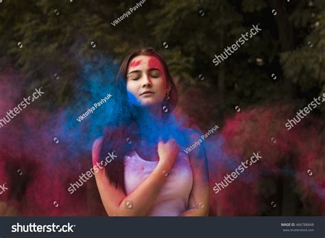 Sensual Brunette Woman Colored Powder Exploding Stock Photo Shutterstock