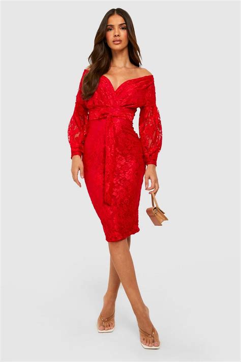 Lace Off The Shoulder Midi Dress Boohoo Uk