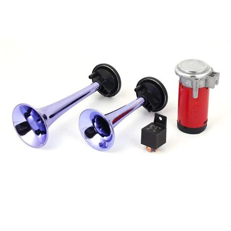 In V Blue Metal Twin Tone Air Horn Dual Trumpet Kit W Compressor