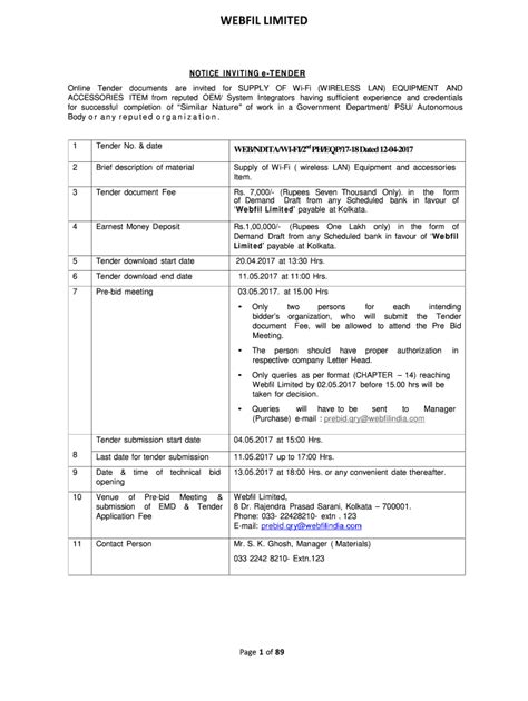 Fillable Online Tender Document For Supply And Installation Of Wifi At