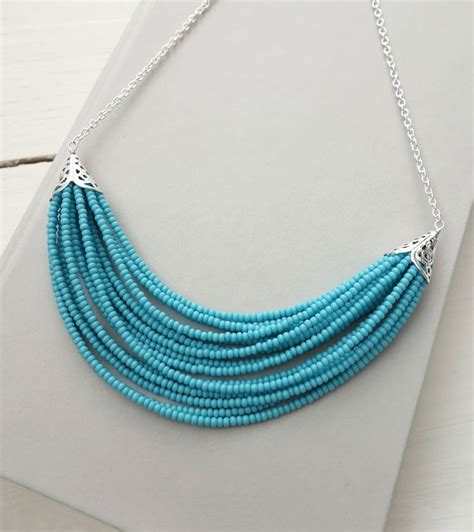 Turquoise Statement Necklace Layered Bib Necklace Small Glass Beads