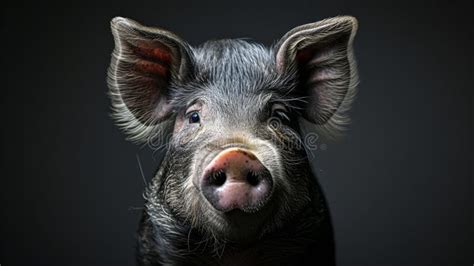 A Pig with a Black Background and White Ears, AI Stock Photo - Image of ...