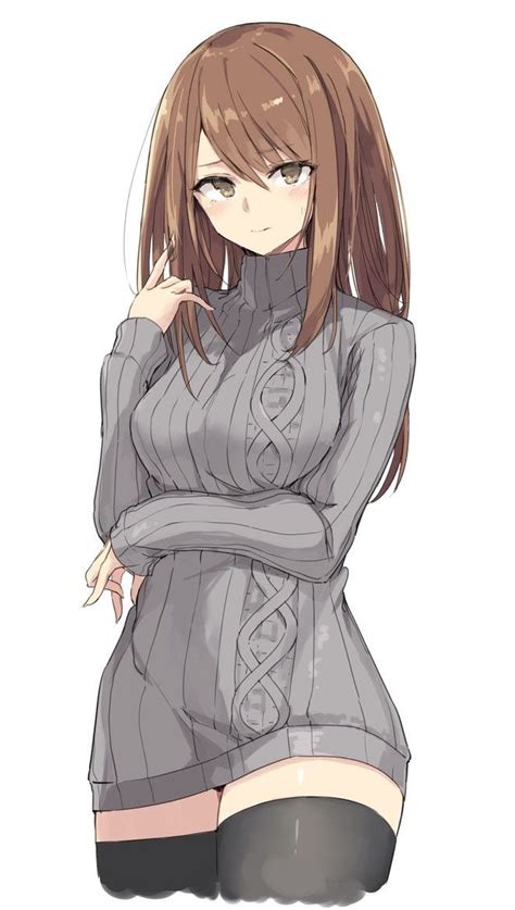 An Anime Girl With Brown Hair And Black Stockings Is Standing In Front