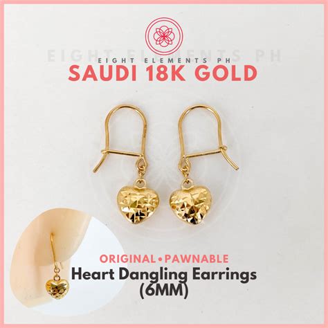 Cod Pawnable K Earrings Real Pure Saudi Gold Frosted Heart Dangling