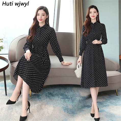 2022 Vintage Preto Dot Chic Midi Vestidos Outono Inverno Femal