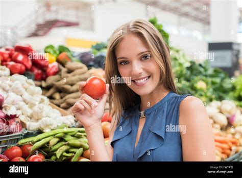 Blonde Woman Shopping Organic Veggies And Fruits Stock Photo Alamy
