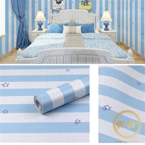 Jual Homewallpaper Wallpaper Sticker Dinding Motif Salur Biru Anti