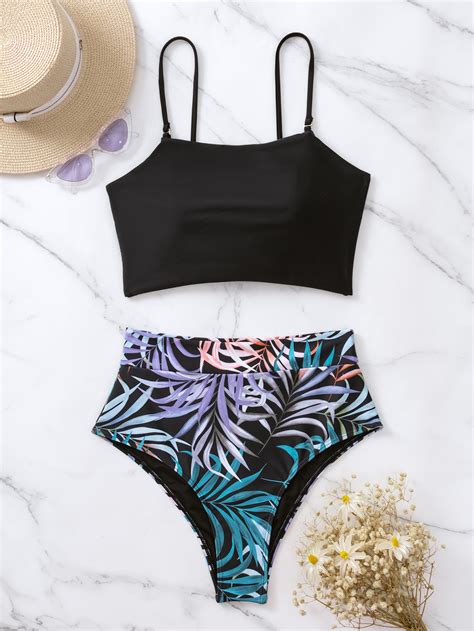 SHEIN Swim Vcay Tropical Print Bikini Set Tie Back Cami Top High