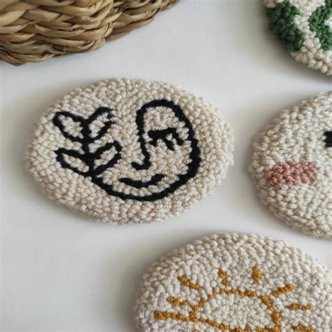 Set Of 2 Car Coasters Floral Cute Smiley Face Punch Needle Etsy