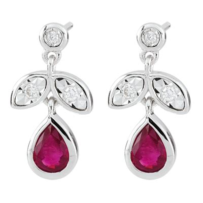 Boucles D Oreilles Feuilles Or Blanc Carats Rubis C