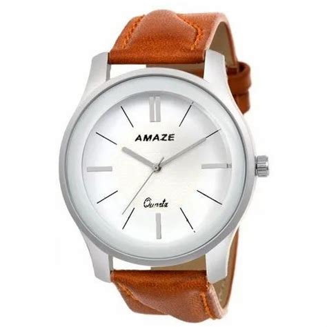 Round Analog Mens Amaze White Leather Strap Watch, Features: Water ...