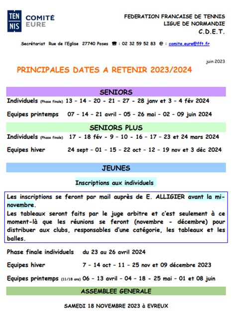 Dates à retenir pour la saison 2023 2024 Tennis Club de l Iton Damville