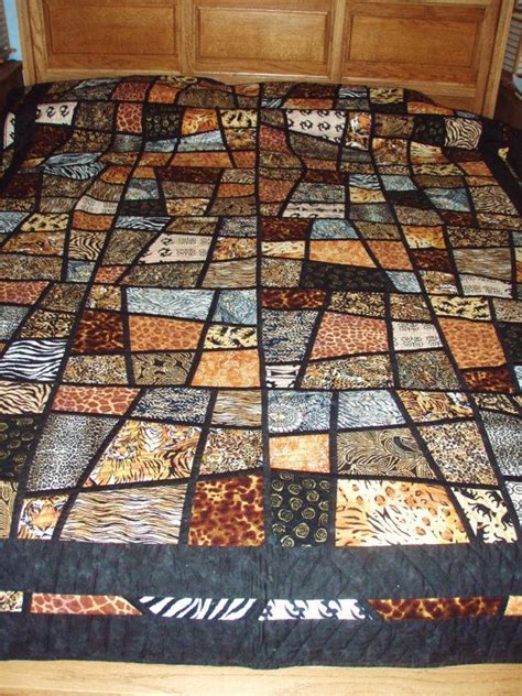 Twin Size Bed Quilt Jungle Animal Prints In Mosaic Crazy Nine Patch